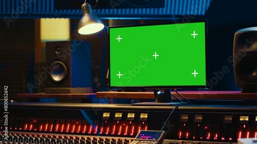 Empty professional recording studio control room with greenscreen on display, editing and processing tracks. Motorized faders, buttons and sliders operated for mix and master techniques. Camera A.