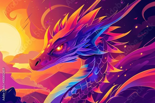 A colorful dragon standing in front of a bright sun. Perfect for fantasy themed designs