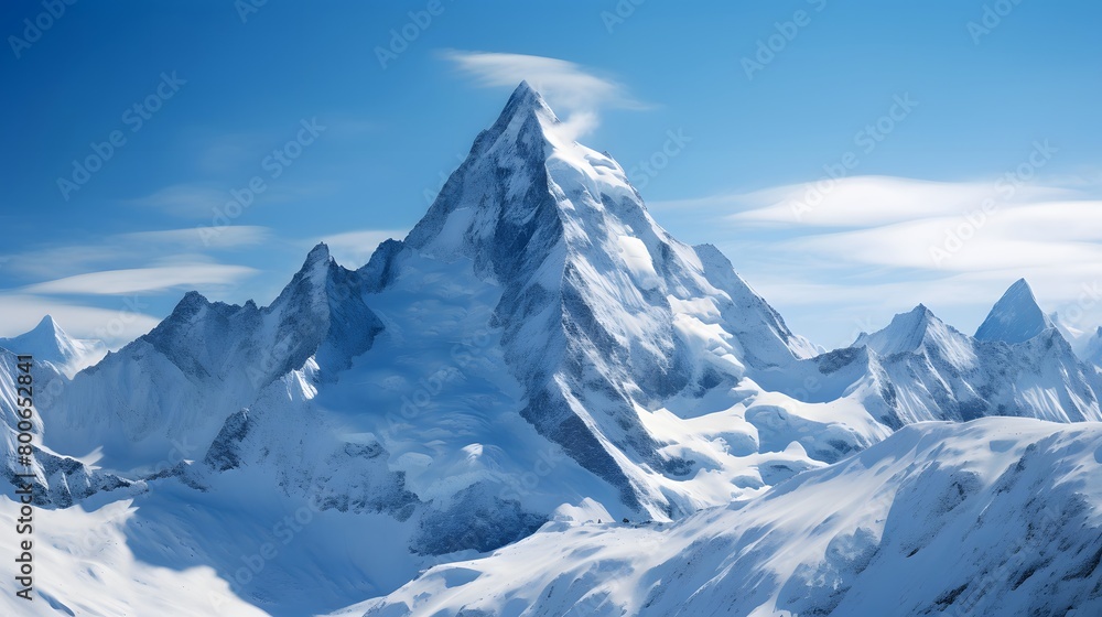 Panoramic view of snow-capped mountains with blue sky