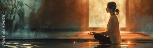 A bright glow surrounds the girl in meditation, emphasizing harmony and inner peace. Illustration with space for copy text and advertising, spiritual health, yoga practice