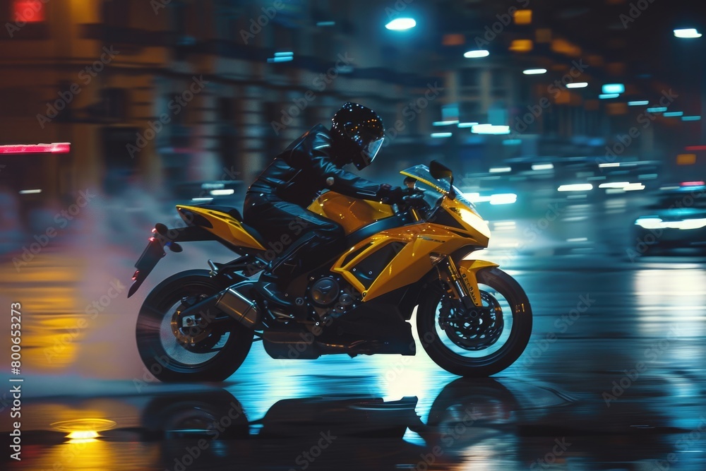 A man riding a yellow motorcycle down a street at night. Suitable for transportation concepts