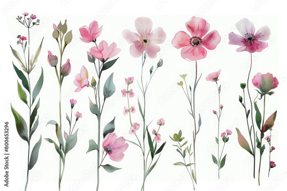 A painting of pink flowers on a white background. Suitable for various design projects