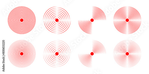 Set of red concentric circles. Pain localization icons. Sore or inflammation symbols. Pulse, shockwave or vibration sign. Soundwave, coverage, radar or sonar signal pictograms. Vector illustration. photo