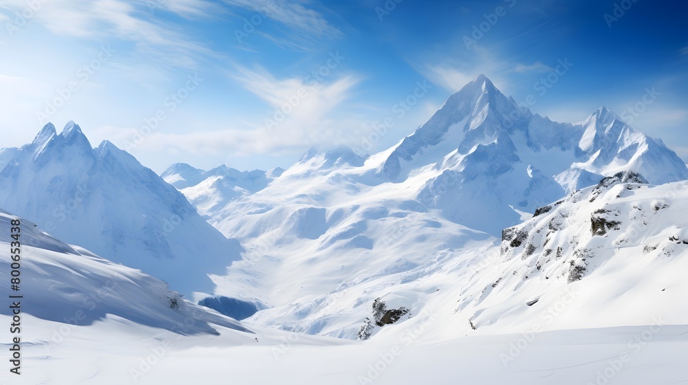 Panoramic view of the snowy mountains. Beautiful winter landscape.