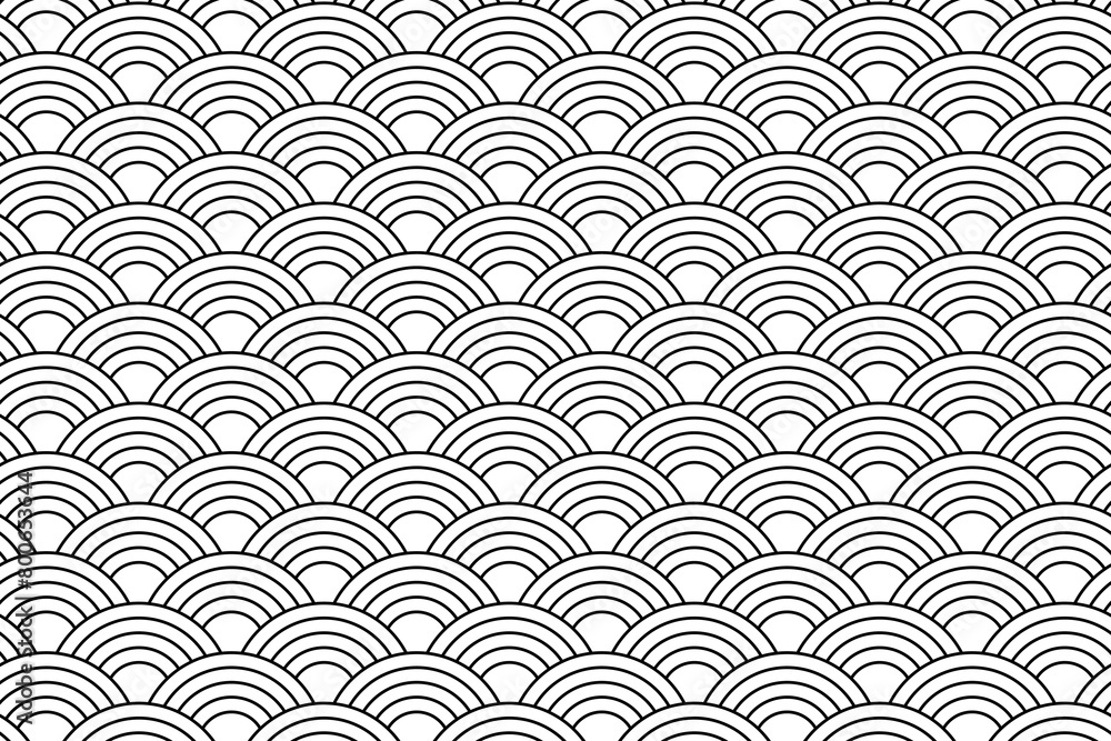 Sea or ocean waves background. Traditional asian seigaiha pattern. Scallops print. Fish squama or dragon scale. Simple geometric black and white archs ornament. Vector graphic illustration.