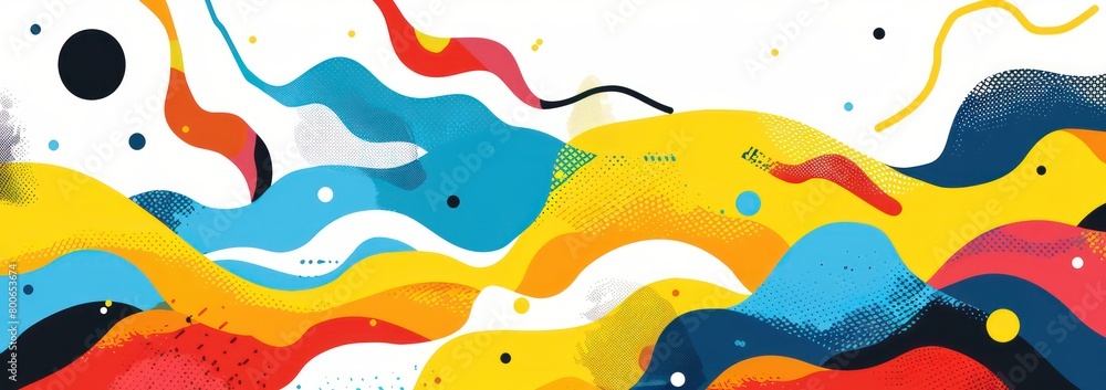 wavy shapes, stippled shading, exploding, bold bright colors in a white background