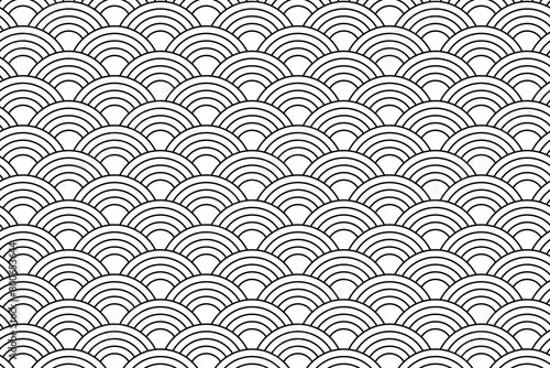 Sea or ocean waves background. Traditional asian seigaiha pattern. Scallops print. Fish squama or dragon scale. Simple geometric black and white archs ornament. Vector graphic illustration.