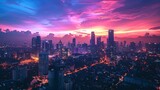 Manila skyline at twilight, bustling city life