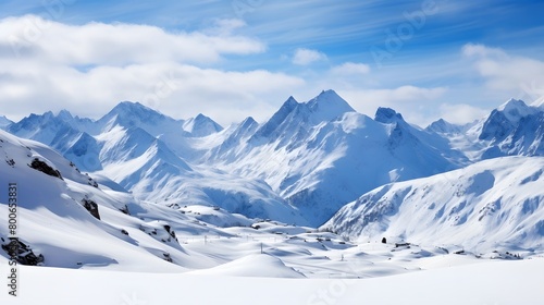 Panoramic view of the snowy mountains. Snowy winter landscape.