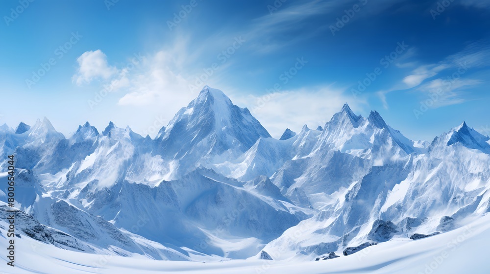 Panoramic view of snowy mountains under blue sky with white clouds