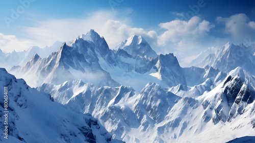 Panoramic view of snowy mountains. Caucasus Mountains, Georgia. © I