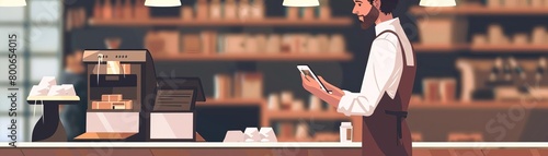 Business owner managing estore from smartphone, coffee shop, blurred customers, warm lighting, midshot