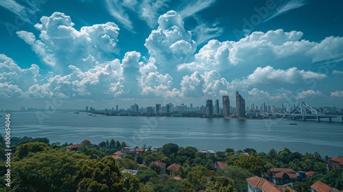Mumbai skyline with sea link bridge  coastal urban vista