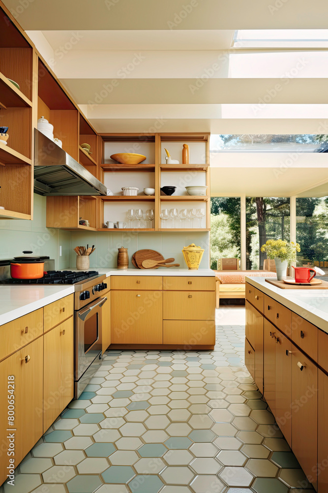 Hexagon Tile Floor in Mid Century Kitchen with Built in Shelves and Yellow Cabinets Hexagon Tile Floor in Mid Century Kitchen with Built in Shelves and Yellow Cabinets