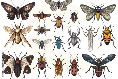Different types of insects on a plain white backdrop. Ideal for educational materials or nature-themed designs © Ева Поликарпова