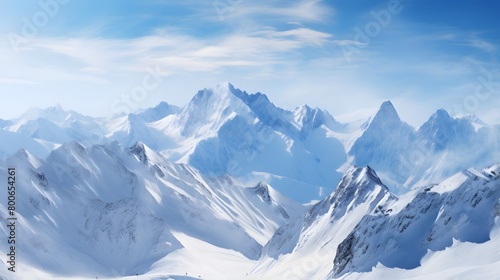 Beautiful panoramic view of snowy mountains under blue sky.