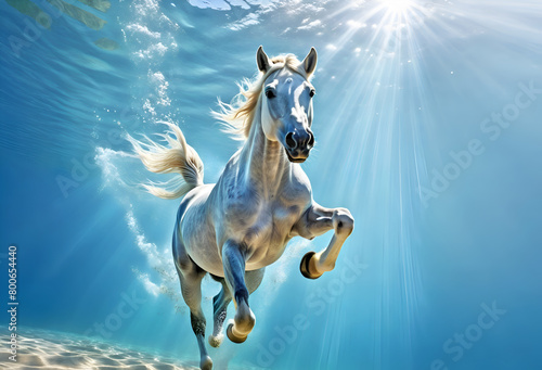 stunning white horse diving under water in ocean. close up. conceptual Digital artwork. Ai generated