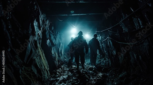 Group of people walking through a dark tunnel. Suitable for illustrating teamwork and overcoming obstacles