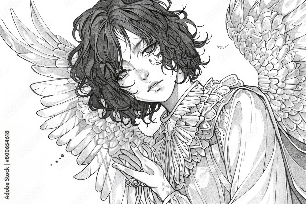 Detailed drawing of an angel delicately holding a bird. Suitable for religious or inspirational themes Detailed drawing of an angel delicately holding a bird. Suitable for religious or inspirational themes