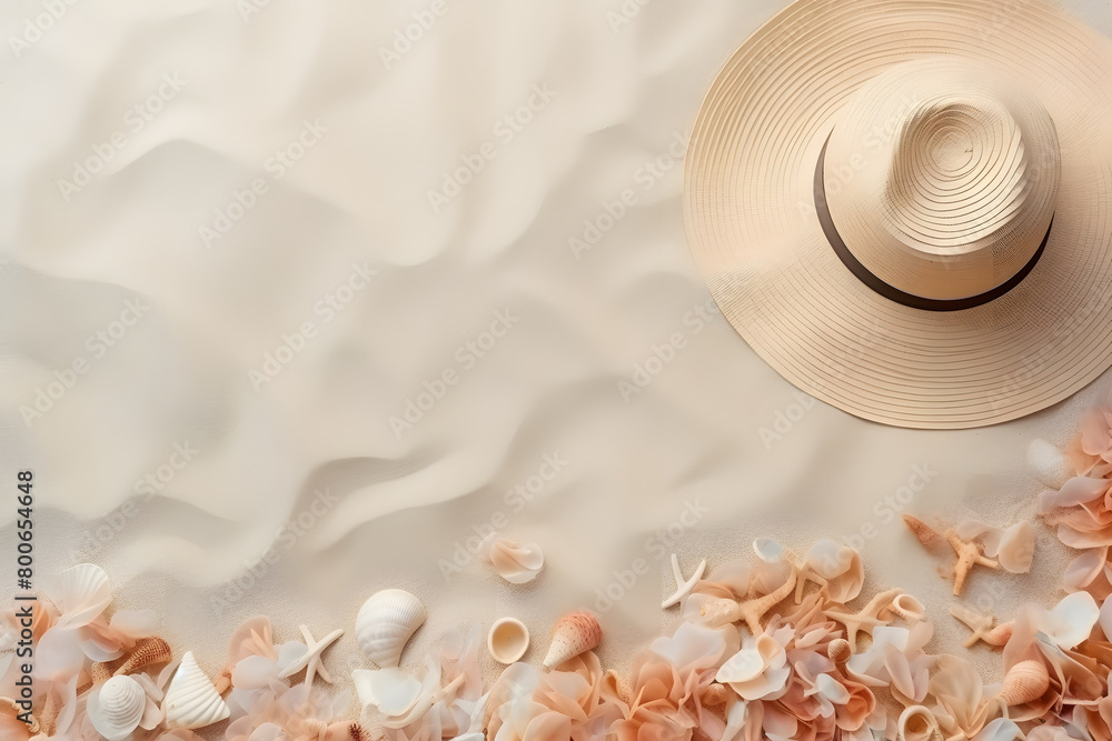 Woman beach hat and sea shells on sand background, summer vacation, travel concept.