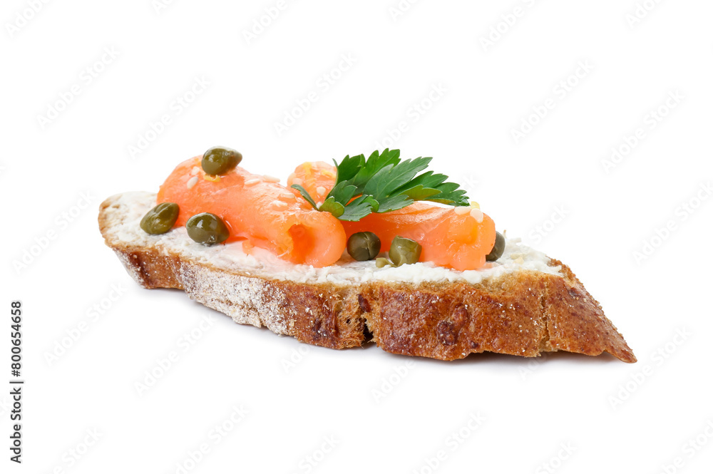 Tasty canape with salmon, capers and cream cheese isolated on white Tasty canape with salmon, capers and cream cheese isolated on white