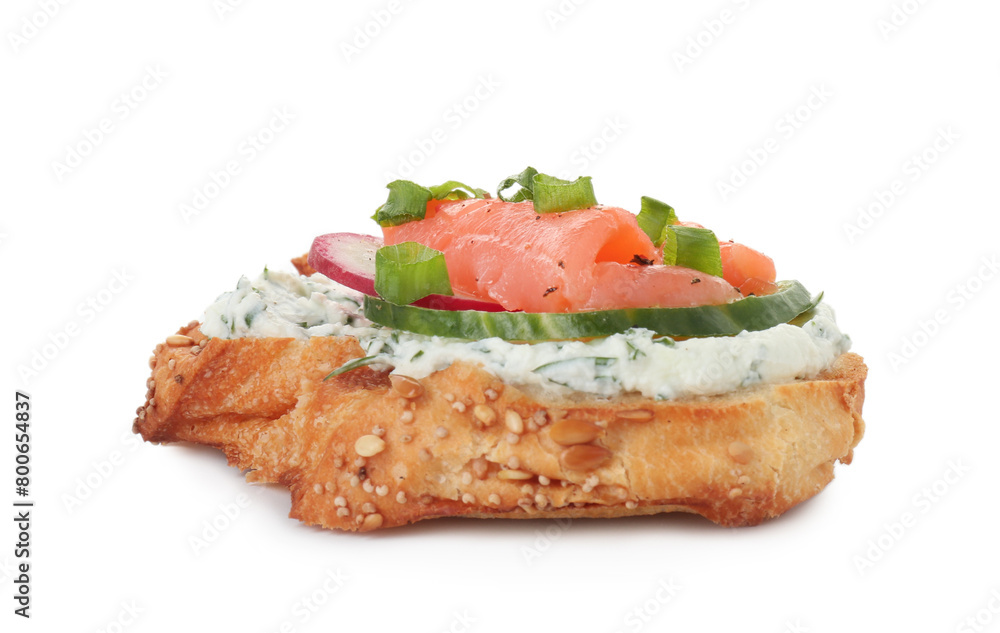 Tasty canape with salmon, cucumber, radish and cream cheese isolated on white Tasty canape with salmon, cucumber, radish and cream cheese isolated on white