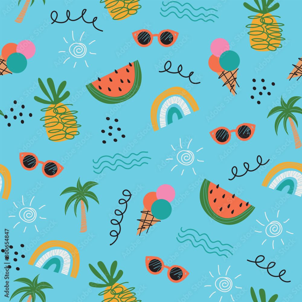 Summer seamless pattern. Ice cream, sunglasses, palm, pineapple, and rainbow on the blue background. Summer seamless pattern. Ice cream, sunglasses, palm, pineapple, and rainbow on the blue background.