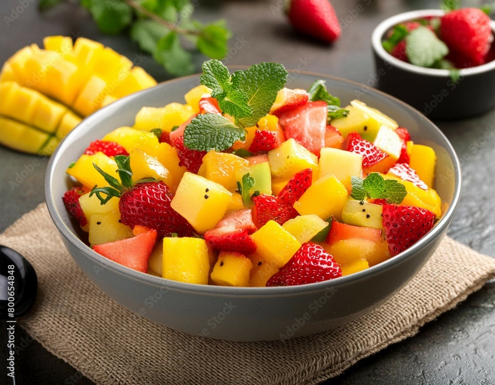 A bowl of refreshing and colorful fruit salsa, featuring diced mango, pineapple, and strawberries A bowl of refreshing and colorful fruit salsa, featuring diced mango, pineapple, and strawberries