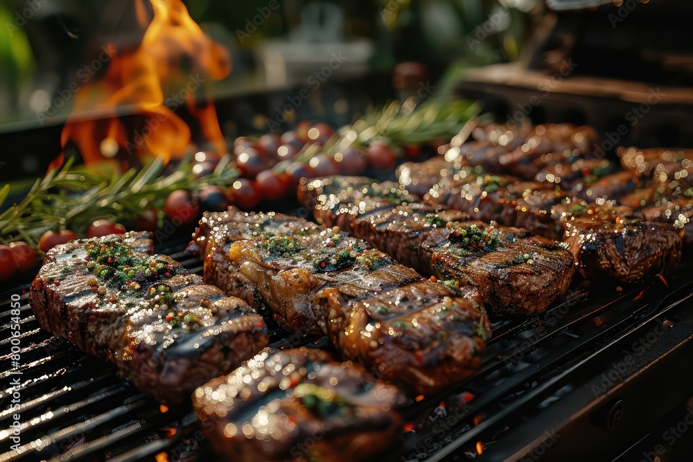 barbecue grill with steaks in a backyard barbecue grill with steaks in a backyard