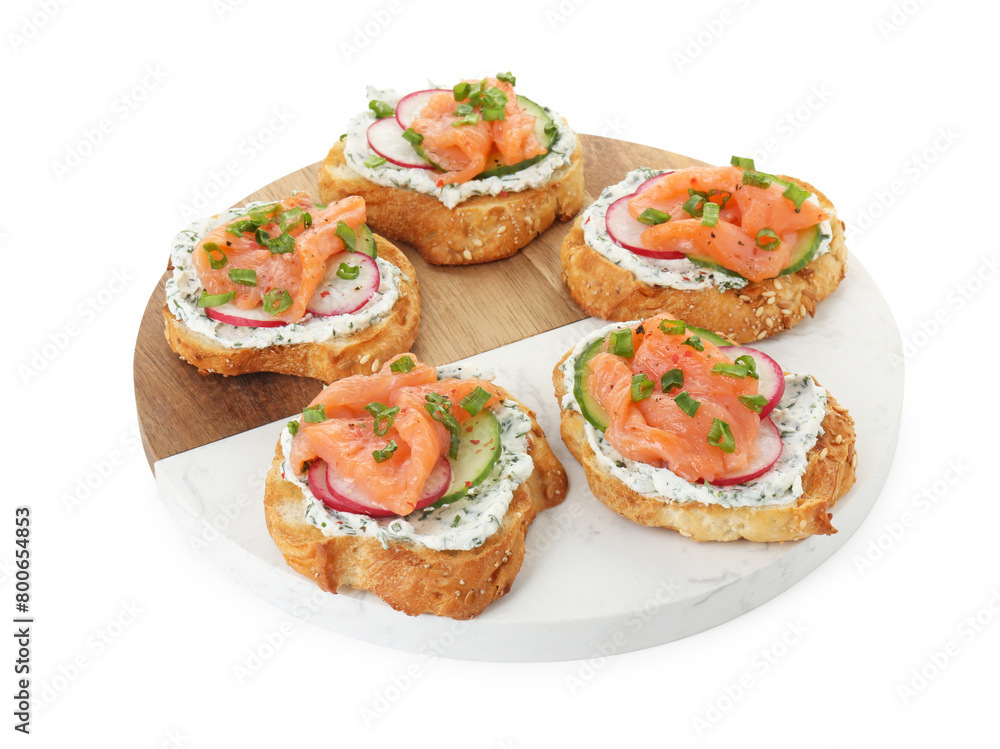 Tasty canapes with salmon, cucumber, radish and cream cheese isolated on white Tasty canapes with salmon, cucumber, radish and cream cheese isolated on white