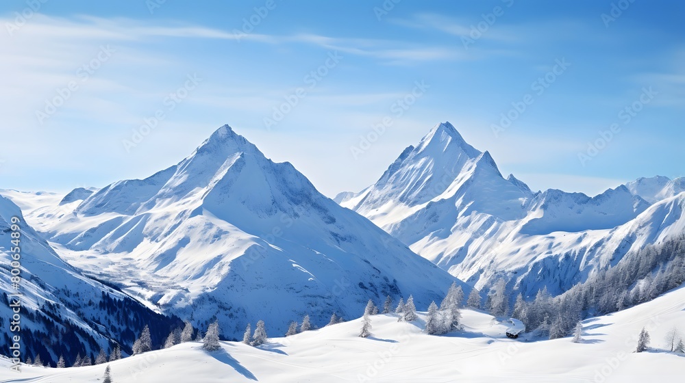 Panoramic view of the mountains covered with snow and blue sky
