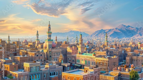 Sana'a skyline, Yemen, ancient architecture and modern conflict photo