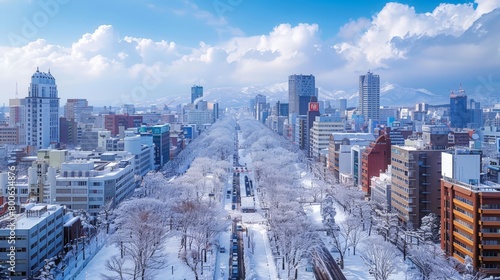 Sapporo skyline  Japan  urban scene with snow