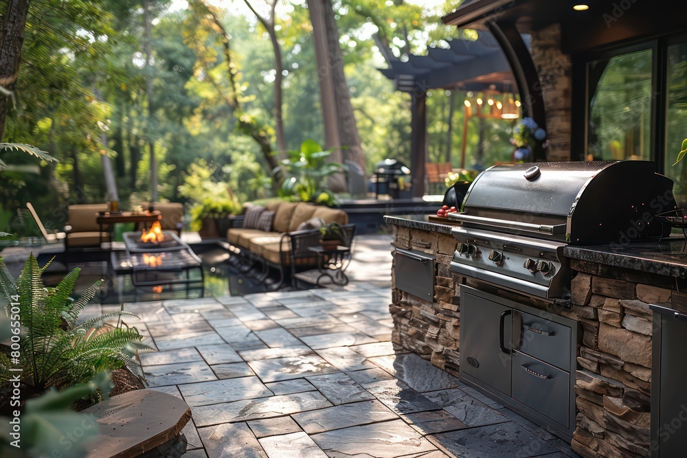 barbecue grill with steaks in a backyard
