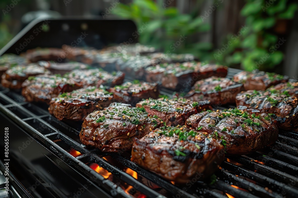 barbecue grill with steaks in a backyard barbecue grill with steaks in a backyard