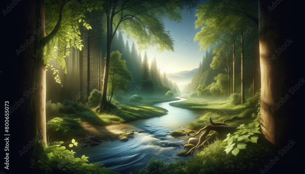 A serene enchanted forest with a gentle stream and sunlight filtering through lush greenery.