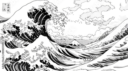Japanese ukiyo-e art of the great wave off kanagawa by hokusai as an coloring page © Ahtesham