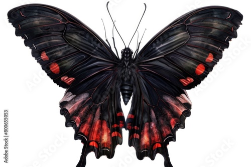 A striking black and red butterfly on a clean white background. Ideal for nature and wildlife concepts