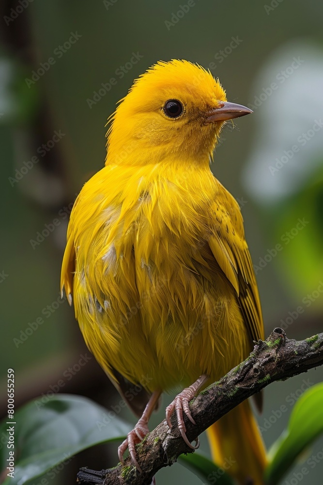 Obraz premium A yellow bird perched on a branch of a tree, AI