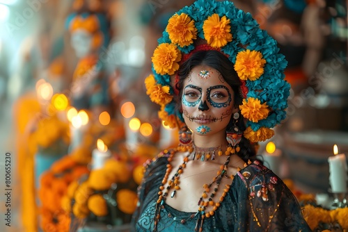 Maquillaje  de catrina para el dia de muertos.  Mujer con pintura decorativa la cara, en la cabeza un tocado  verde con flores amarillas, al fondo velas y flores de cempasúchil.