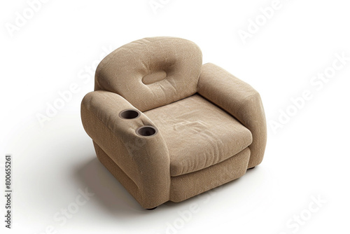 A club chair with a built-in cup holder, ensuring you can enjoy your favorite beverage while relaxing, isolated on a solid white background.