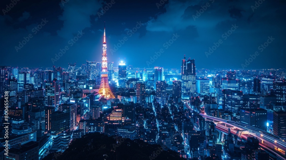 Tokyo skyline at night, illuminated skyscrapers