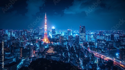 Tokyo skyline at night  illuminated skyscrapers