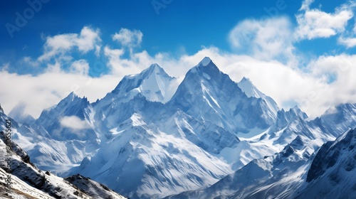 Panoramic view of the snowy mountains in the Caucasus region.
