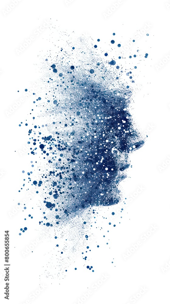 digital representation of pathology made of blue dots and splashes in a white vertical background
