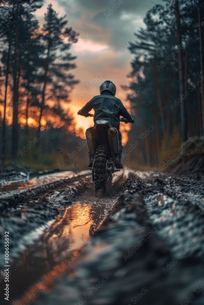 A person riding a dirt bike on a muddy road. Suitable for outdoor sports or adventure concepts