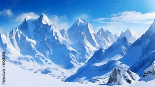 Winter mountains panorama with snow and clear blue sky, 3d render © I