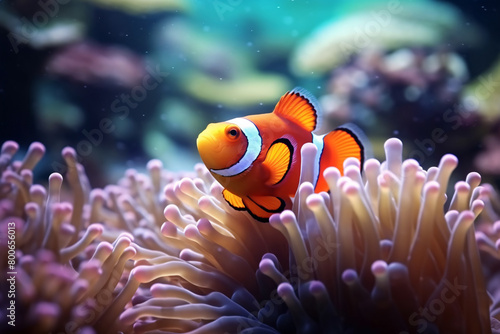 A vibrant underwater scene featuring a clownfish nestled among the tentacles of a sea anemone on a colorful coral reef