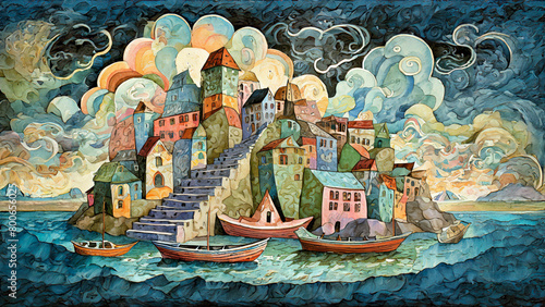 Illustration of the small fishing village, Italy