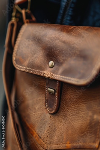 Detailed shot of a brown leather bag, versatile for various design projects